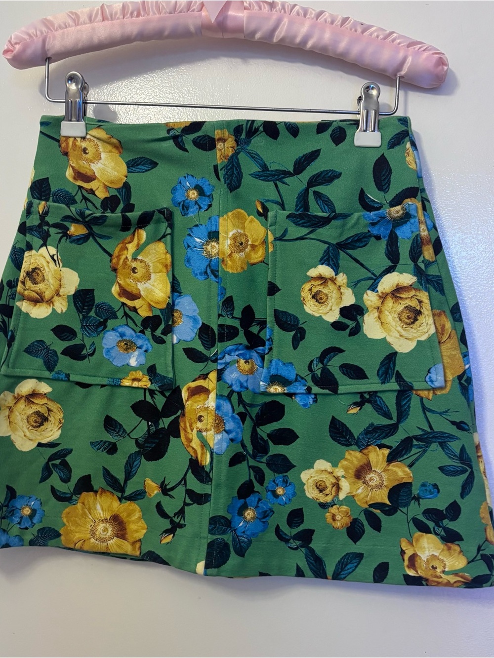 Anthropologie Green Floral Mini Skirt with Yellow & Blue Blooms